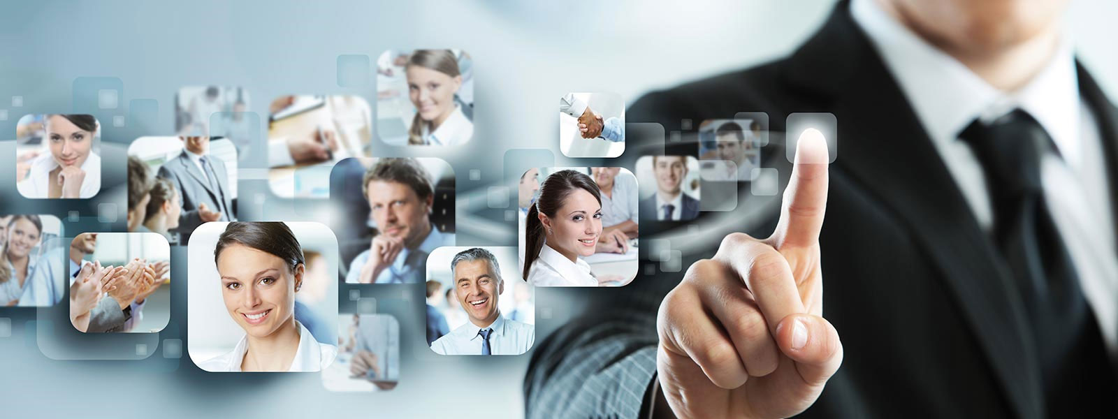 Employees shown in a digital interface beside a touchscreen